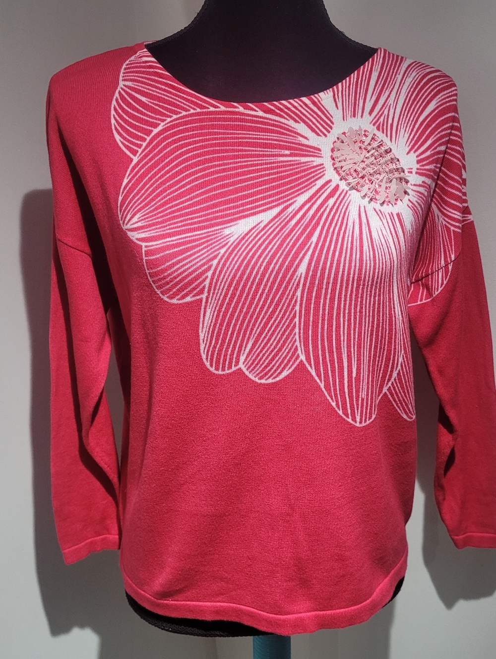 Joan Vass Womens 100% Cotton Sequin Floral Lightweight Sweater Small Petite Pink